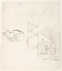 Forskellige udkast, bl.a. "Christus og den Samaritanske Kvinde" by Dankvart Dreyer