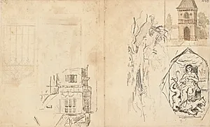 Forskellige udkast, bl.a. en kvindefigur, symboliserende troen?, tronende på en drage, et landskab, bygninger m.m. by Dankvart Dreyer