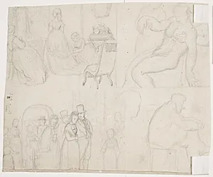 Forskellige udkast: en brud, der pynter; en gravlæggelse?; folk, der forlader en kirke?; en siddende mand by Kristian Zahrtmann