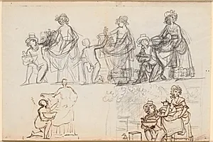 Forskellige udkast til en scene fra P.A. Heibergs skuespil "Chinafarene" by Jens Juel