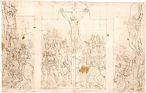 Forstudie til en trefløjet altertavle forestillende Korsfæstelsen by Maarten van Heemskerck