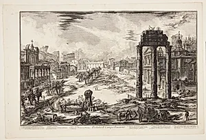Forum Romanum, eller Campo Vaccino, Antoninus' og Faustina's tempel til venstre, templet for Castor og Pollux til højre og Colosseum i det fjerne by Giovanni Battista Piranesi