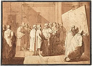 Fra Bartolommeo præsenterer Rafael for Leonardos og Michelangelos kartoner by Giovanni Paolo Lasinio