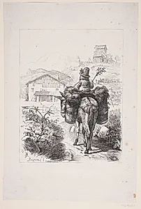 Fra Bozen. En lille Pige ridende på et Pakæsel by F. Hendriksen