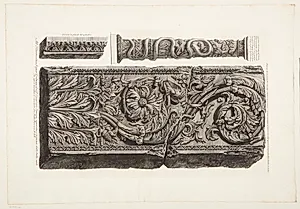 Fragment af en ornamenteret pilaster samt en søjle fundet på Tiber-øen by Giovanni Battista Piranesi