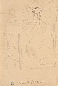 Fragment af siddende kvinde med håndarbejde by Christen Købke