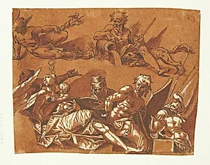 Fragmentarisk blad med elementer fra en loftsdekoration. F.o.: Merkur og Pluto. F.n.: kvinde med barn, en læsende mand og en bagbunden slave(?) og en rustning. by Ubekendt