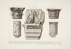 Fragmenter af arkitrav, søjler og kapitæler i marmor, fra S. Bartolomeo all'Isola, Palazzo Capizucchi mm. by Giovanni Battista Piranesi