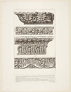 Fragmenter af friser og cornicher i marmor, fra Orti Farnesiani mm. by Giovanni Battista Piranesi