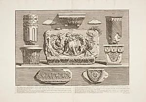 Fragmenter af søjler, friser og kapitæler i marmor, fra Orti Farnesiani mm. by Giovanni Battista Piranesi