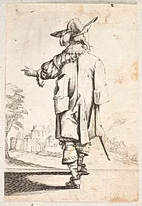 Fransk adelsmand i frakke med store manchetter og venstre hånd fremstrakt, set fra ryggen by Salomon Savery