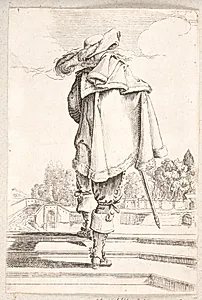 Fransk adelsmand i kappe og støvler med sporer, set fra ryggen by Salomon Savery