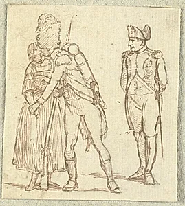Fransk gardist kysser en pige, Napoleon i baggrunden by Wilhelm Marstrand
