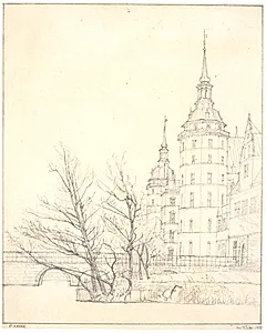 Frederiksborg slot. Parti ved møntbroen by Christen Købke