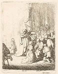 Fremstillingen i templet (med englen). Lille plade by Rembrandt van Rijn
