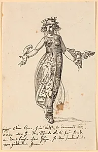 Frigga, gående, med et par høge på de udstrakte arme. Samt nogle linjer med kunstnerens notater by Nicolai Abildgaard