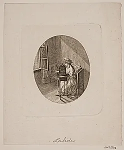 Frihed. Vignet med Dame, der sætter en fugl i frihed by Gerhard Ludvig Lahde