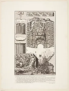 Frise, dele af søjler og andre ornamenterede arkitekturfragmenter, fra Orti Farnesiani mm. by Giovanni Battista Piranesi
