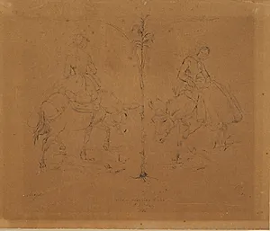 Fru Raffenberg siddende på et æsel. To fremstillinger adskilt ved en plantestængel by Johan Thomas Lundbye
