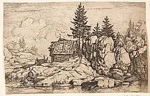 Fyrretræer ved en hytte by Allaert van Everdingen