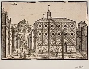 Gade, i forgrunden moské og fritstående minaret by Melchior Lorck