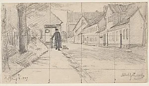 Gade i Køge med gående mand by Albert Gottschalk