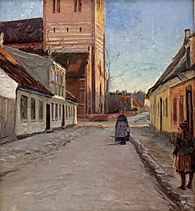 Gade i Køge med Nicolai kirke til venstre