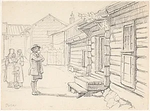 Gade i Orsa, Dalarne, med to kvinder tv. og et barn og en mand by Wilhelm Marstrand