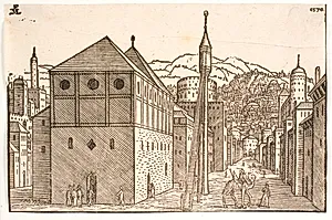 Gade, t.v. moské og fritstående minaret med udvendig trappe by Melchior Lorck
