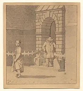 Gadebillede med en ung pige der løfter lidt op i kjolen; i baggrunden en ældre mand med en stok by C.W. Eckersberg
