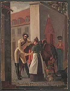 Gadescene. En kavalerist tager afsked med en pige by Ditlev Blunck