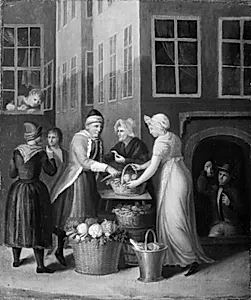 Gadescene i København ved år 1800. En pige gør indkøb af grøntsager hos Amagerkonen by Ubekendt