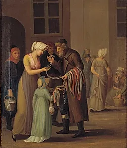 Gadescene i København ved år 1800. Piskebåndsjøden sælger en knipling til en ung pige by Ubekendt