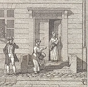 Gadescene, to piger, en herre og en kone ser efter noget by C.W. Eckersberg