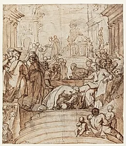Gæstebuddet i Betania. Maria salver Jesu fødder og tørrer dem i sit hår (Johs.12,3) by Ubekendt