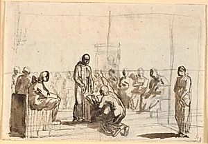 Galilei afsværgende sine "vildfarelser" for munkedomstolen by Nicolai Abildgaard