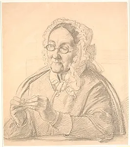 Gammel dame der træder en synål by Wilhelm Marstrand
