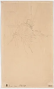 Gammel kone (kunstnerens moder) siddende ved et bord, set bagfra by Christen Købke