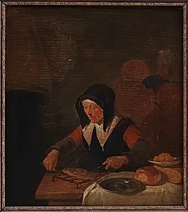 Gammel kone ved sit måltid by Quiringh Gerritsz van Brekelenkam