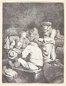 Gammel kvinde serverer for tre mænd i en krostue by Cornelis Pietersz Bega