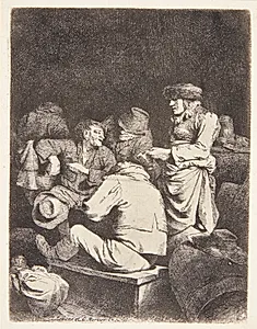 Gammel kvinde serverer for tre mænd i en krostue by Cornelis Pietersz Bega
