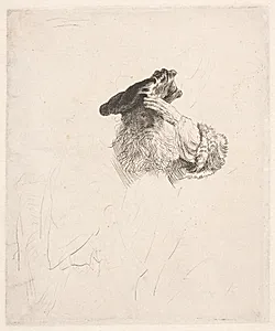 Gammel mand, der skygger med hånden for øjnene by Rembrandt van Rijn