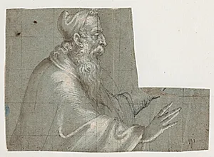 Gammel mand (en doge?), halvfigur, profil t.h. med fremstrakte hænder by Bernardino Campi