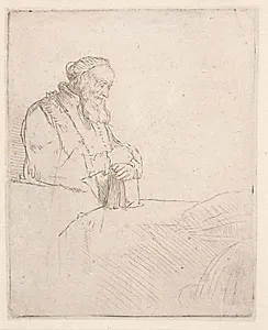 Gammel mand, i tanker med hænderne på en bog by Rembrandt van Rijn