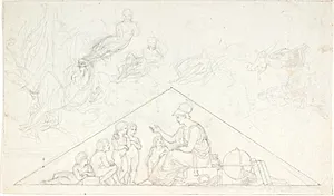 Gavlfelt. Athene underviser nogle børn. Forskellige udkast til liggende figurer by C.G. Kratzenstein Stub