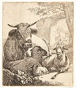 Ged, får og lam, t.v. en liggende ko by Johann Heinrich Roos