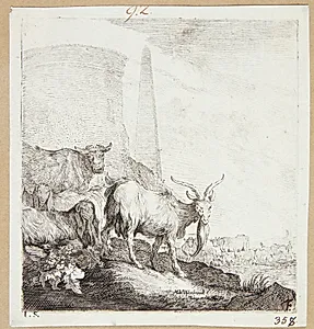 Geder og en ko ved et rundt tårn by Moyses van Wtenbrouck