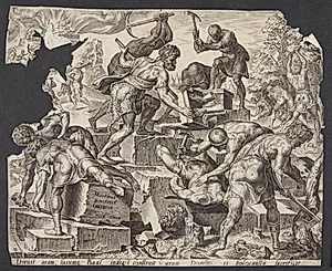 Gideon og hans mænd ødelægger Baals alter by Ubekendt