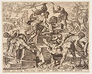 Gideon og hans mænd ødelægger Baals alter by Ubekendt