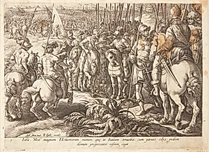 Giovanni de' Medici hjemsender de schweiziske lejetropper by Hendrick Goltzius